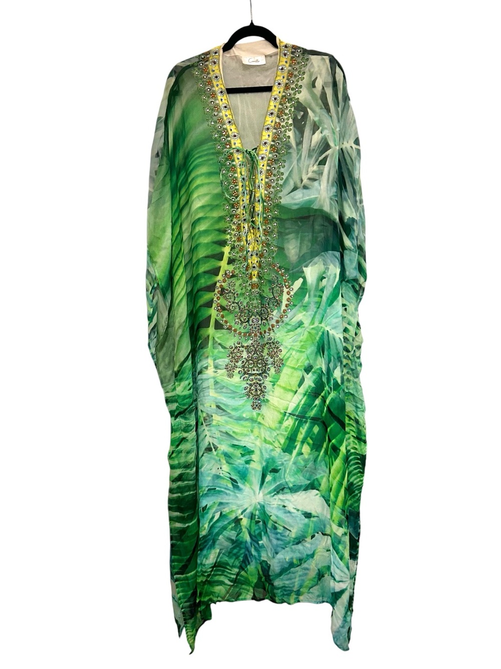 CAMILLA Pure Silk Palm Tropical Print Beaded Short Sleeve Maxi Kaftan Dress - Picture 2 of 6